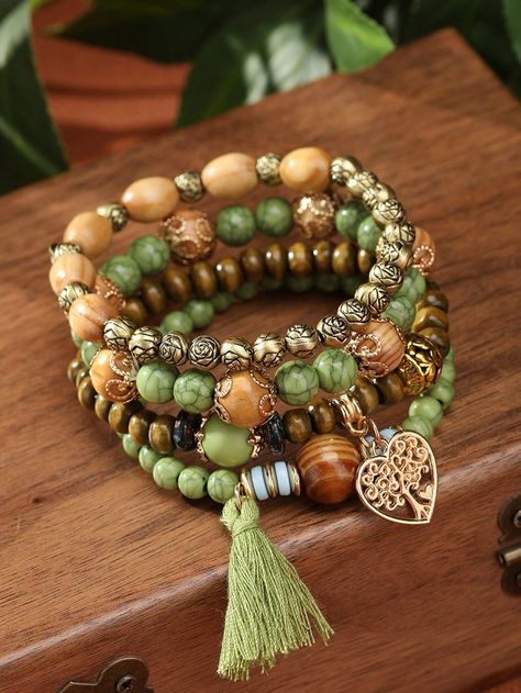 4pcs/Set Bohemian Style Heart Tree Of Life Pendant Wood Beaded Bracelets Set, Perfect For Daily Wear Black,Blue,Brown,Green,White,Peacock Blue,Yellow,Light Candy Color,Dark Candy Color    Wood     Women Fashion Jewelry, size features are:Bust: ,Length: ,Sleeve Length: Vintage Boho Jewelry, Unique Bead Bracelets, Earthy Boho Jewelry, Boho Jewelry Ideas, Bohemian Bracelets Bead, Earthy Multicolor Jewelry With Wooden Beads, Earthy Girl Jewelry, Earth Tone Bracelets, Green Bohemian Jewelry With Wooden Beads