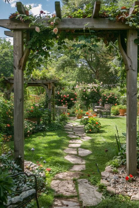 Long Cottage Garden, Backyard Country Ideas, English Backyard Garden, Beautiful Garden Ideas Inspiration, Cute Cottage Garden, Cottage Garden Path Ideas, Flower Garden In Front Of House, Outside Garden Ideas Landscaping, Cottage Garden Patio Ideas