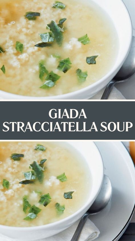 Giada Stracciatella Soup Giada Italian Wedding Soup, Stracciatella Soup, Bread Crumb Chicken, Soup Dishes, Giada Recipes, Basil Bread, Soup Dish, Wedding Soup, Parmigiano Reggiano