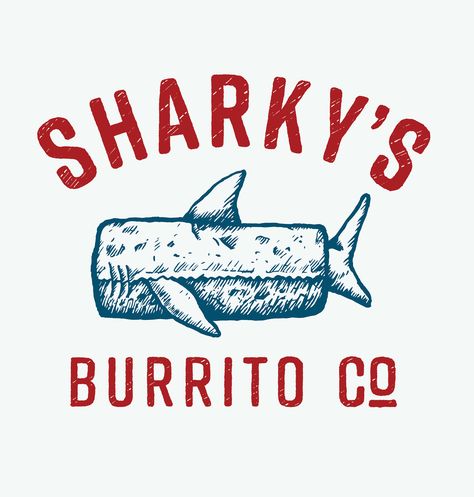 Sharky's Burrito Company Burrito Logo, Burrito Restaurant, Fun Personality, Face Illustration, Logo Redesign, Brand Fonts, Restaurant Branding, Local Restaurant, Bag Packaging