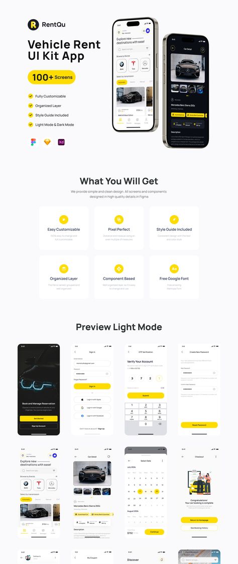 RentQu - Car Rental UI Kit App — Figma Resources on UI8 Summer Sale Sign, Car Rental App, Cancel Subscription, Car Guide, Dark Theme, Mobile App Ui, App Ui Design, Wireframe Kit, Mobile App Design