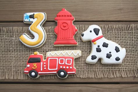 3rd Birthday Fire Truck Theme, Firefighter Birthday Cookies, Fire Truck Birthday Cake Ideas, Fireman First Birthday Party, Fire Truck Third Birthday, 3rd Birthday Firetruck Party, Firefighter Third Birthday, Firetruck First Birthday, Fire Truck 2nd Birthday