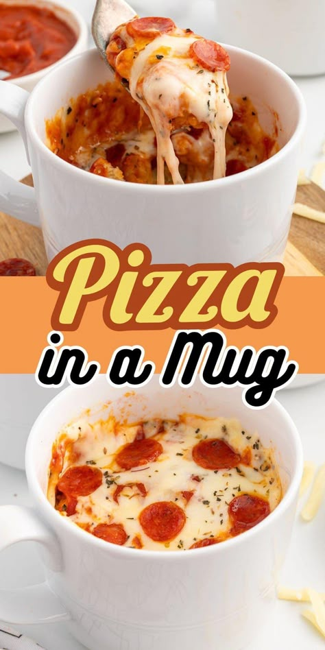 Pizza in a Mug is quick and easy to make in the microwave in under 2 minutes! Perfect for portion control when you only want a single slice without preparing an entire pie. Snacks In The Microwave, Single Serving Lunch Recipes, Pizza Mug Cake, Food Recipes For 1 Person, Dinner In A Mug Recipes, Easy Food Microwave, Pizza Mug Recipe, Microwave Snack Recipes, Microwave Meal Ideas