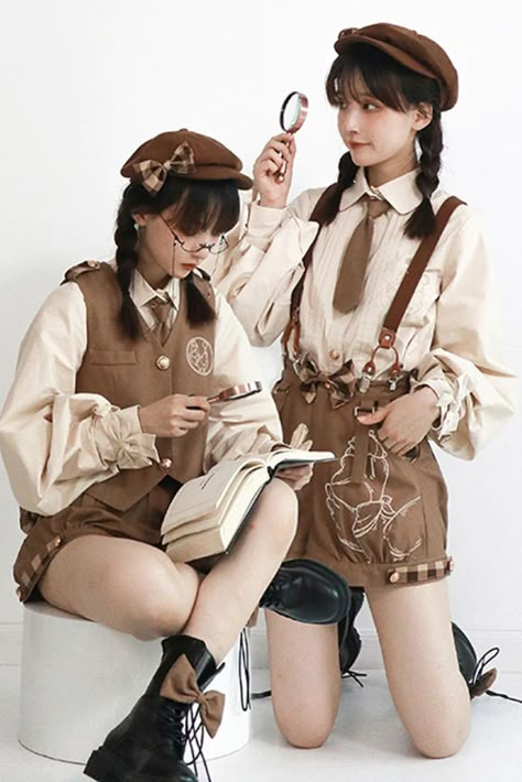 Art Outfits - Brown detective goose rivet buttons ouji lolita shorts Ouji lolita Lolita shorts Cute outfits Character outfits Kawaii clothes Fashion illustration dresses Cute Detective Outfits, Female Fall Outfits, Detective Outfit Female, Detective Pose, Cute Brown Outfits, Detective Aesthetic Outfit, Detective Oc, Adventurer Outfit, Scout Outfit