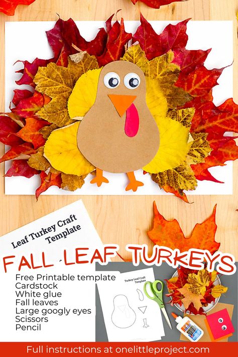 FALL LEAF TURKEY CRAFT - free... - One Little Project Leaf Turkey Craft, Turkey Template, Leaf Turkey, Printable Leaves, Easy Thanksgiving Crafts, Thanksgiving Activities For Kids, Turkey Craft, Easy Fall Crafts, Turkey Feathers