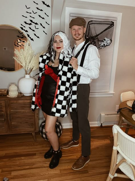 Cruella Couple Halloween Costumes, Cruella Deville And Puppy Costume, Cruella Deville Costume And Dalmation, Cruella Deville And Jasper Costume, Couple Themed Halloween Costumes, Cruella And Dog Catcher Costume, Cruella And Dalmation Costume Couple, Cruelly Deville Couple Costume, Cruella Dalmation Costume