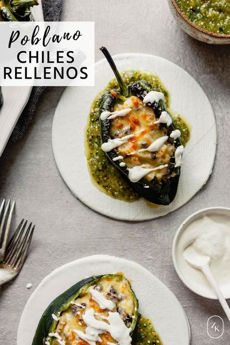 Healthy Chiles Rellenos made with cashew cream, ground turkey and a delicious roasted salsa verde! These rellenos are baked instead of fried, making them a delicious and satisfying alternative to the classic, heavy dish. | Zestful Kitchen #chilesrellenos #bakedchilesrellenos #healthymexican Roasted Salsa Verde, Roasted Salsa, Homemade Salsa Verde, Chile Poblano, Mexican Recipe, Poblano Peppers, Chile Relleno, Healthy Mexican, Cashew Cream