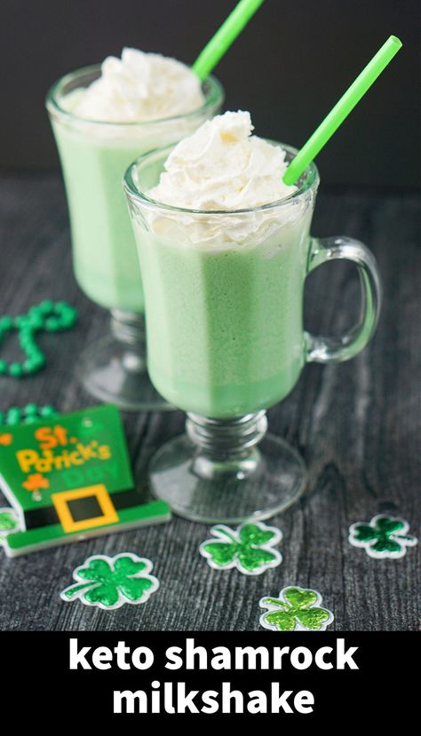 2 glass mugs with keto shamrock shake and text and decorations Mint Milkshake, Keto Protein Shakes, Keto Milkshake, Shamrock Shake Recipe, Diy With Kids, Dessert Homemade, Keto Shakes, Shamrock Shake, Keto Mug Cake