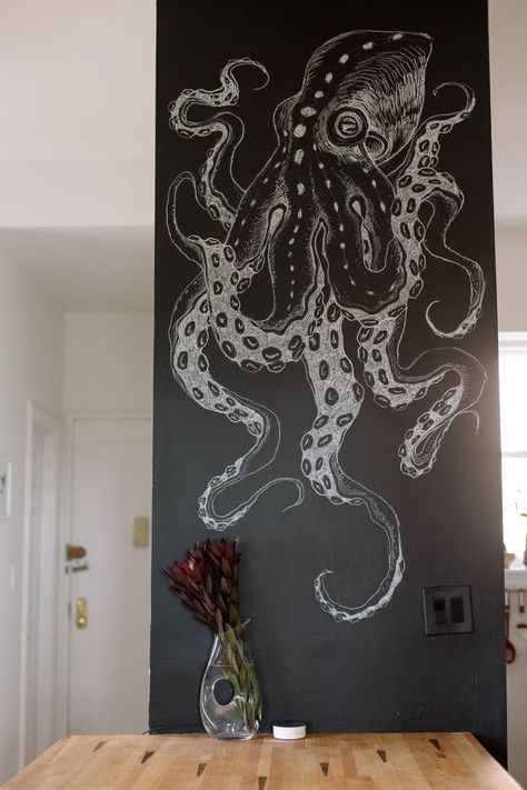 Small Family Apartment, Octopus Mural, Apartment Brooklyn, Chalkboard Wall Art, Wall Drawings, Chalk Wall, Brooklyn Apartment, Bedroom Murals, Family Apartment