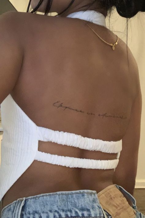 Classy Back Tattoos, Cursive Back Tattoo, Horizontal Back Tattoo, Scattered Back Tattoos, Long Quote Tattoo, Small Girly Tattoos, Cursive Tattoos, Small Pretty Tattoos, Writing Tattoos