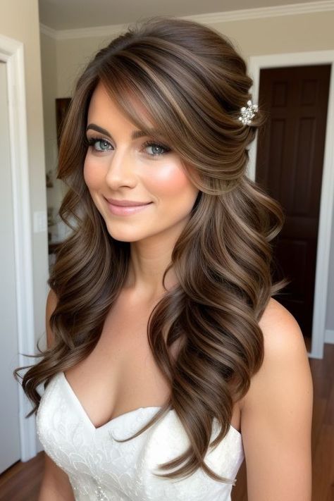 Bridal Hairstyle Straight Hair, One Side Up Bridal Hair, Vintage Hair Wedding Long, Hair Down Glam Hairstyles, Side Part Down Wedding Hair, Side Part Hairstyles For Wedding, Long Hairstyles For Homecoming, Half Up Hair Front View, Bridal Hair For Strapless Dress With Veil