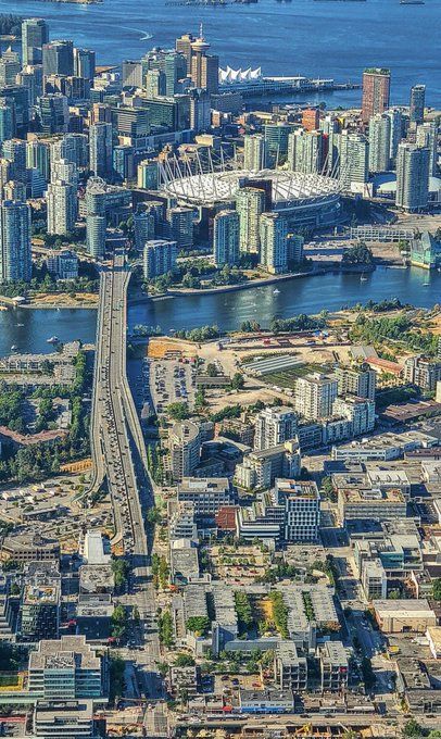 Over False Creek on the Cambie bridge. Including both BC Place stadium and Canada Place with its sails on Burrard Inlet by Traffic Trish Jewison Bc Place Stadium, Vancouver Bc, Vancouver, City Photo, Sailing, The Outsiders, Bridge, Quick Saves