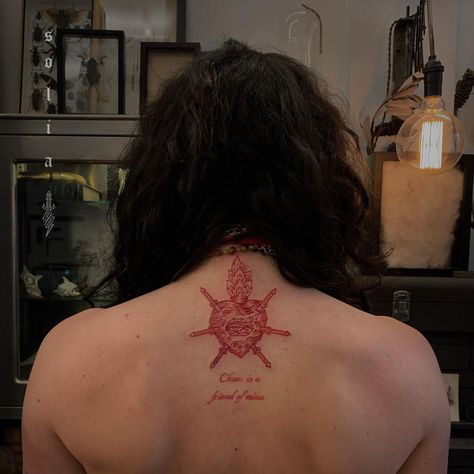 S O L I A ⚡️ on Instagram: “• red sacred heart for gabriella, above existing “chaos is a friend of mine.” ❤️🔥 thank you for the trust and awesome idea to do this in…” Red Sacred Heart Tattoo, Sacred Heart Back Tattoo, Sacred Heart Sternum Tattoo, Three Sacred Hearts Tattoo, Sacred Heart Black And Grey, Sacred Heart Dangle Earrings, Sacred Heart Tattoo, Sacred Heart Tattoos, Lower Back Tattoos