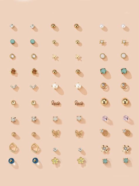 30pairs Pearl & Rhinestone Decor Stud Earrings | SHEIN USA Pack Of Earrings, Stud Earring Storage, Gold Earrings For Kids, Hand Jewelry Rings, Wedding Ring Finger, Earrings Shein, Jewelry Product Shots, Stylish School Bags, Cute Stud Earrings