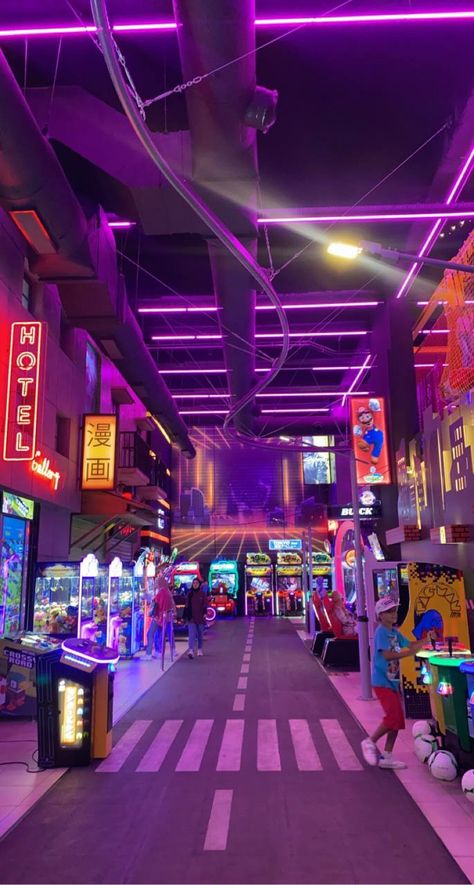 Neon Arcade Aesthetic, Neon Building, Alley Aesthetic, Cyberpunk Landscape, Arcade Building, Cny 2025, Neon Street, Street Fashion Show, Arcade Room