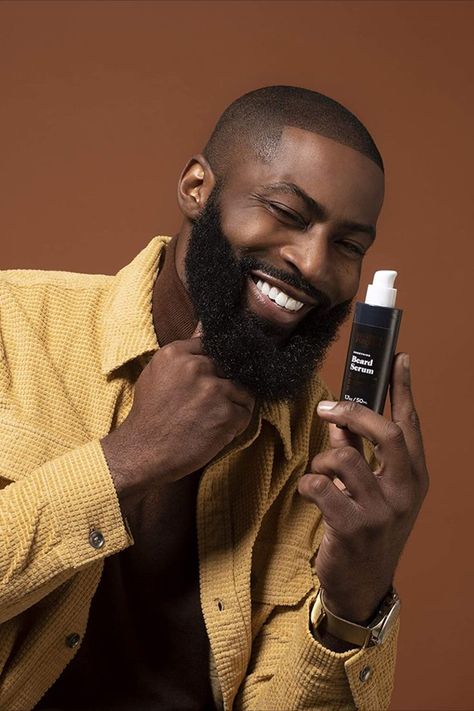 African American holding beard oil with a nice thick beard. Beard Oil Packaging, Beard Serum, Beard Care Kit, Black Beards, Products Photography, Beard Wash, Beard Grooming, Care Kit, Frizz Free