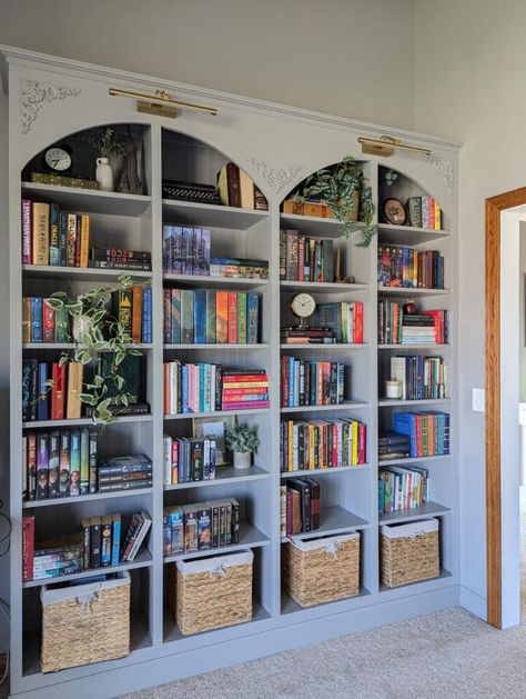 Our Dream DIY Built-in Bookshelves on a Budget - The Gage Made Home Diy Bookshelf Built In Wall, Built In Bookcase Hack, Diy Home Bookshelves, Floor To Wall Bookshelf, Making Built In Bookcases, Diy Living Room Bookshelves, Build Built In Bookcase, Bookshelf Trim Moldings, Built On Bookshelves