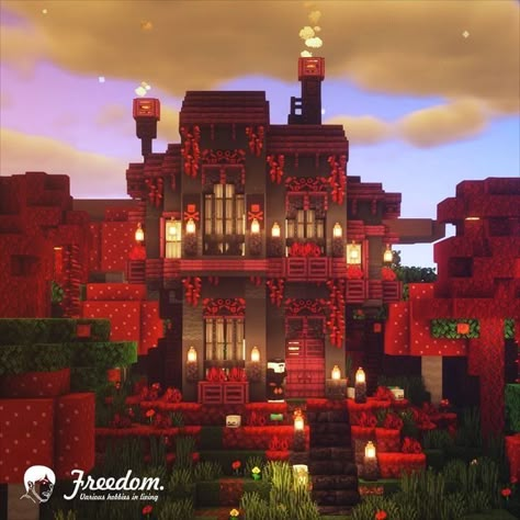 Nether Inspired House Minecraft, Nether Shop Minecraft, Black And Red Minecraft House, Nether Pathways Minecraft, Red Minecraft Builds, Red House Minecraft, Minecraft Gothic Interior, Minecraft Vampire House, Halloween Minecraft Houses