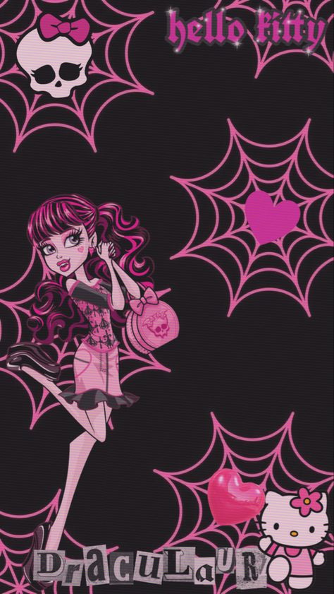 Gothic Hello Kitty Wallpaper, Pink Hello Kitty Aesthetic Wallpaper, Draculaura Wallpaper Iphone, Monster High Wallpaper Draculaura, Monster High Draculaura Wallpaper, Draculaura Aesthetic Wallpaper, Monster High Wallpaper Aesthetic, Monster High Background, Pink Emo Wallpaper