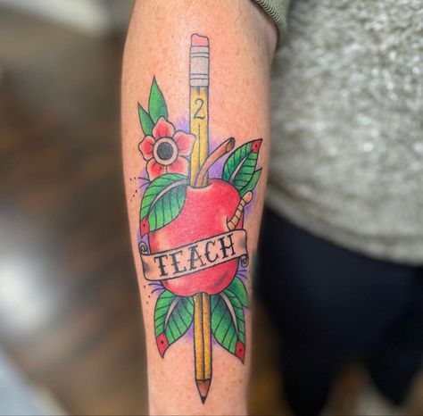 Traditional Teacher Tattoo, Teacher Inspired Tattoos, Educator Tattoos, Preschool Teacher Tattoo Ideas, Teacher Tattoo Ideas Simple, Education Tattoo, Teacher Tattoo Ideas, Teacher Tattoo, Burning Hats