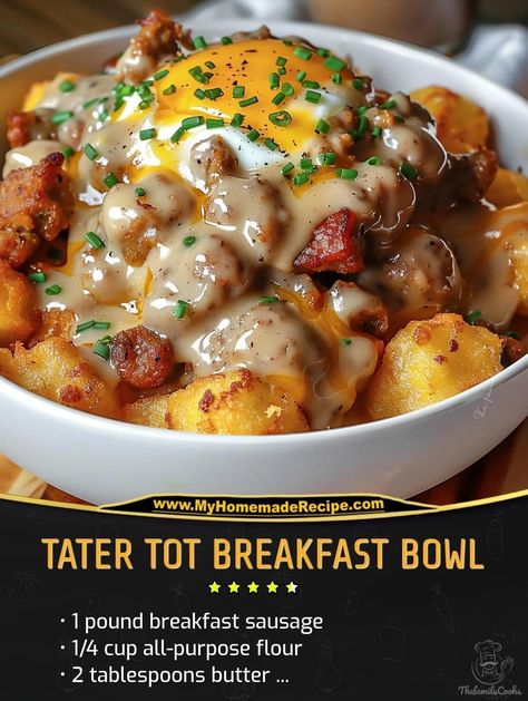 Tater Tot Breakfast Bowl With Sausage Gravy, Tater Tot Breakfast Bowl, Bed And Breakfast Ideas, Tator Tot Breakfast, Tater Tot Breakfast, Gravy Ingredients, Breakfast Casseroles, Breakfast Sausage, Recipes Casserole