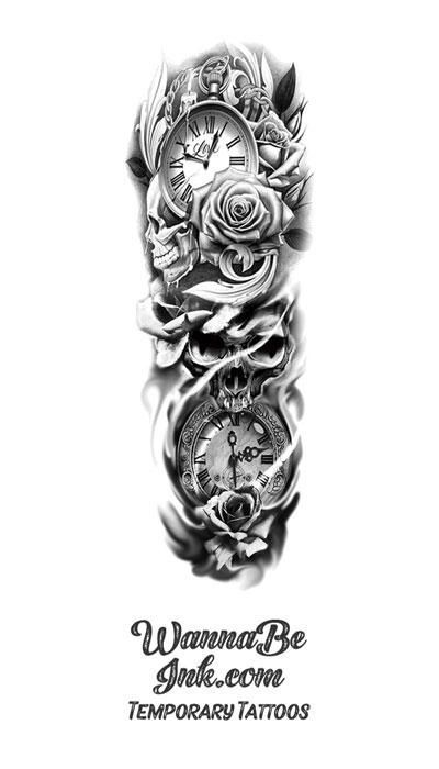 Stop Watches Roses Skull and Filigree Temporary Sleeve Tattoos #enchantedtattoo #tattooideas #tattoodesigns #forearmtatsforwomen #tattoos #realism #artbody #coupl #latinatattooideas Tattoo Font For Men, Unique Half Sleeve Tattoos, Chicano Tattoos Sleeve, Half Sleeve Tattoos Drawings, Skull Sleeve Tattoos, Skull Sleeve, Hand Tattoos For Girls, Full Sleeve Tattoo Design, Men Tattoos Arm Sleeve