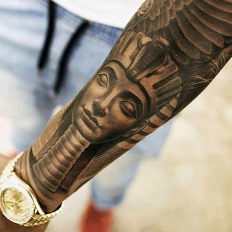 Full Sleeve Egyptian Pyramid Male Tattoo King Tut Tattoo, Egyptian Symbol Tattoo, Pharaoh Tattoo, Egyptian Tattoo Sleeve, Christian Sleeve Tattoo, Egypt Tattoo, King Tattoos, Tattoo Inspiration Men, Back Of Shoulder Tattoo