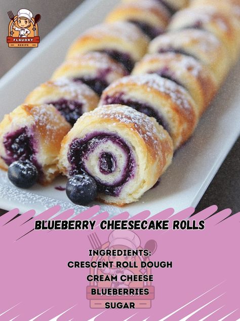 🍰 Blueberry Cheesecake Rolls – Swirl your way to dessert bliss with these delicious blueberry cheesecake rolls. Perfectly sweet and indulgent! 🍰💙 #BlueberryRolls #DessertLovers Blueberry Cheesecake Rolls Ingredients: Crescent roll dough (1 can, 8 oz) Cream cheese (1/2 cup, softened) Blueberries (1/2 cup) Sugar (1/4 cup) Vanilla extract (1 tsp) Butter (2 tbsp, melted) Powdered sugar (for dusting) Instructions: Preheat oven to 375°F (190°C). Mix cream cheese, sugar, and vanilla extract unti... Cream Cheese Crescent Roll Dessert, Easy Desserts To Impress, Blueberry Cheesecake Rolls, Blueberry Cream Cheese Coffee Cake, Cheesecake Rolls, Easy Impressive Dessert, Cream Cheese Puff Pastry, Cream Cheese Pastry, Cream Cheese Coffee Cake