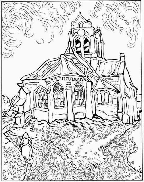 Church At Auvers Van Gogh Coloring Pages - Van Gogh Coloring Pages Famous Art Coloring, Van Gogh Coloring, Arte Van Gogh, Van Gogh Paintings, Art Van, Cool Coloring Pages, Famous Art, Vincent Van, Elementary Art