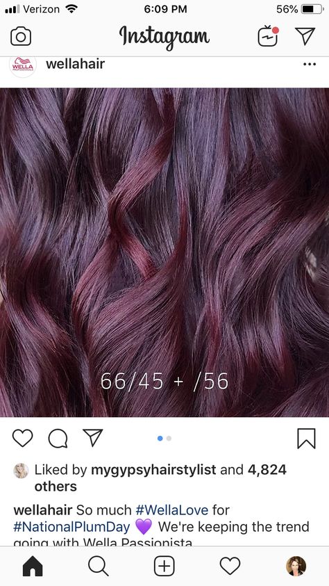 Burgundy Hair Formula Wella, Burnett Red Hair Color Ideas, Auburn Violet Hair, Plum Hair Formula, Burgundy Hair Formula, Dark Plum Hair, Dark Burgundy Hair Color, Wella Formulas, Hair Color Cherry Coke