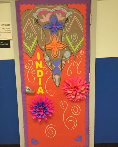 My school is doing an international theme this year and I was India! This door makes me happy!!!! Multicultural Night Decorations, India Bulletin Board Ideas, India Classroom Decoration, Multicultural Night, Staff Appreciation Week, India Crafts, Door Decorating Contest, Indian Theme, India Inspired