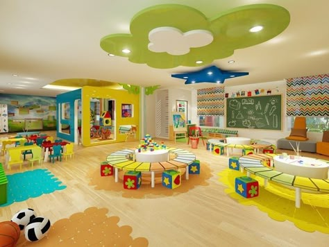 Daycare Room Design, Kids Play Centre, Children Playroom, Kindergarten Interior, Preschool Designs, Indoor Birthday, Classroom Interior, Daycare Decor, Colorful Playroom