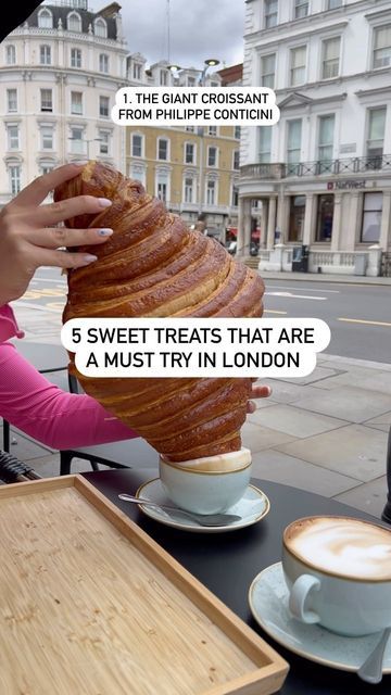 Andrea Di Filippo on Instagram: "5 sweet treats that are an absolute must try in London right now 👀🍰 🥐 the Giant Croissant from @philippe_conticini_uk in South Kensington 🍦 the Tomato Ketchup ice cream (or any ‘unique’ flavour you fancy) from the Ice Cream Project at @anyahindmarch 🍫 the iconic Cruffins from @richouxrestaurants 💚 the cakes from Prada Cafe at @harrods 🤤 the Crone - ice cream in a croissant - from @britishpatagonia #prettylittlelondon #londonhotspots #fyp" Croissant Boats, Croissant Ice Cream, Iced Coffee And Croissant, Supreme Croissant, Filled Croissants Sweets, Giant Croissant, South Kensington, Tomato Ketchup, Ketchup