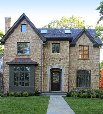 Tudor Exterior Design Ideas, Pictures, Remodel and Decor Yellow Brick House Exterior, Brick House Exterior Colors Schemes, Yellow Brick House, Blonde Brick, Yellow Brick Houses, Brick House Exterior, Brick House Colors, Brick Colour, Chicago Brick