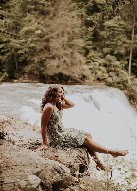 Photoshoot At Waterfall, Senior Waterfall Photoshoot, Senior Pics With Waterfalls, Outfits For Waterfalls, Waterfall Pictures Photography, Senior Pics Waterfall, Senior Pictures Near Water, Senior Pictures On Rocks, Senior Pictures By Waterfall