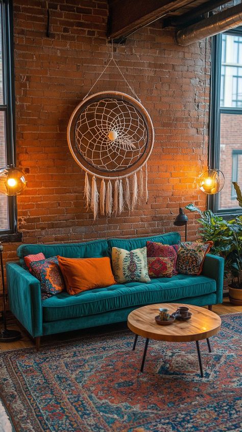 Teal couch with colorful pillows, orange throw, and dreamcatcher in a cozy mid-century modern living room with plants. Clean Colorful Living Room, Blue Couch Boho Living Room, Mid Century Eclectic Living Room, Teal Couch Living Room, Boho Mid Century Modern Living Room, Inviting Home Decor, Teal Couch, Rustic Brick Wall, Green Sofa Living Room