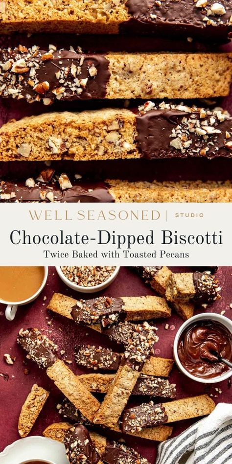 These crunchy (but not too crunchy!) Chocolate-Dipped Biscotti with pecans have been described as, "the perfect biscotti recipe!" They're not-too-dense, not-too-crumbly, and absolutely delicious dunked into a hot cup of coffee. Add these to your holiday cookie exchange and watch them disappear. #wellseasonedstudio #biscotti #biscottirecipe #italianbiscotti Chocolate Dipped Biscotti, Pecan Biscotti Recipe, Christmas Biscotti, Nuts Dessert, What To Bake, Biscotti Recipes, The Cookie Monster, Bar Desserts, Crunchy Chocolate