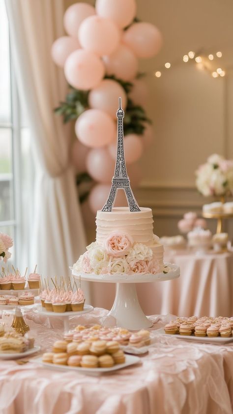 Elegant Paris-themed birthday party setup with Eiffel Tower cake topper, pink floral decor, and delicate pastries. Paris Cake Design, Paris Themed Party Food, Oui Oui Three Birthday, Paris First Birthday Party, Parisian Birthday Party Kids, Paris Tea Party Theme, Bonjour To Four, French Birthday Party Ideas, French Themed Birthday Party