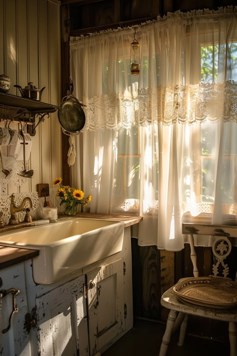 Inside A Cottage Home, 1800 Cottage Interior, Small Southern Homes Interior, Farm Home Aesthetic, Cottage Curtains Ideas, Old Cottage Homes, Old Cottage Aesthetic, Cozy Farm Home, Old Cottage Kitchen