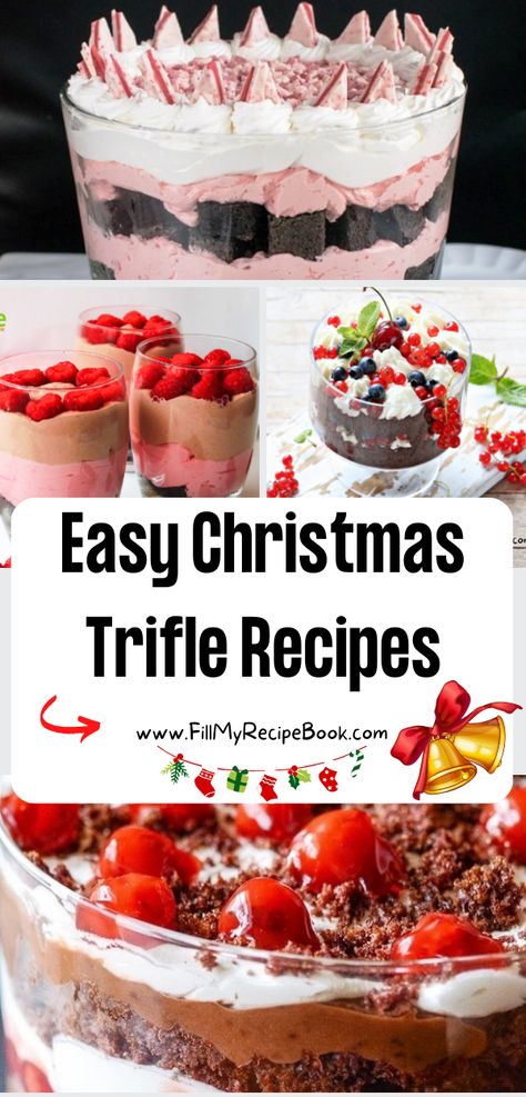 Easy Christmas Trifle Recipes ideas. Make some traditional recipe holiday desserts a day before Christmas, black forest and more to choose. recipes, homemade, desserts, trifles, Christmas, puddings, easy recipes, no bake, fruit, berries, chocolate, cream, custards Christmas Trifle Dessert Recipes, Custard Trifle Recipes, Peppermint Trifle Desserts, Christmas Parfait Ideas, Festive Desserts Christmas Parties, Christmas Trifles Easy, Trifle Recipes Easy Simple, Christmas Dirt Pudding, Christmas Layered Dessert