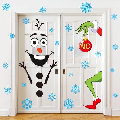 PRICES MAY VARY. 【Christmas Door Decorations】 4 sheets Christmas snowman olaf snowflakes sticker set, sufficient quantity, you can enjoy DIY your favorite snowman door stickers with your family and friends. 【Chrismtas Snowman Door Stickers】 this large Xmas door sticker contains snowman and many snowflakes, looks cute and interesting, which can help you create a warm and funny Christmas atmosphere. 【High Quality】 Christmas snowman door stickers are made of high quality PVC material with smooth su Grinch Door, Diy Christmas Door Decorations, Halloween Window Clings, Christmas Wall Stickers, Winter Door Decorations, Refrigerator Decoration, Xmas Sticker, Snowflake Sticker, Snowman Door