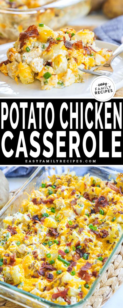 Loaded Baked Potato Chicken Casserole · Easy Family Recipes Easy Dinner Recipes For Family Chicken Casseroles, Easy Family Oven Dinners, Shredded Baked Chicken Recipes, Oven Family Meals, Easy Dinners With Shredded Chicken, Shredded Chicken Bake Recipes, Shredded Chicken Potato Recipes, Chicken Casserole No Cheese, Loaded Baked Potato Meal Prep