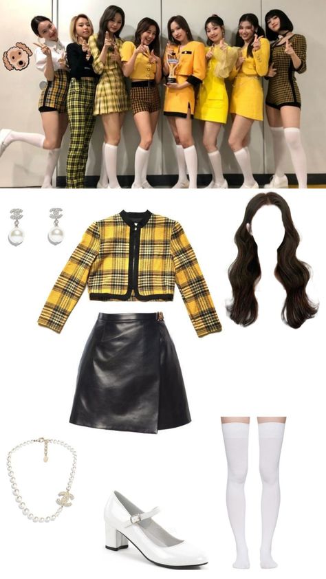 Twice Outfits Inspired, Twice 10th Member Outfits, Yellow Plaid Outfit, Consert Outfits, Celana Jogger Wanita, Kpop Concert Outfit, Outfit Korean Style, Preformance Outfits, Boujee Outfits