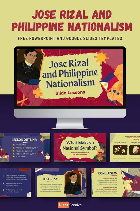 Bring the spirit of Philippine nationalism to your classroom with this vibrant, mixed media collage presentation template. Perfect for teachers, this multicolored slideshow template is designed to captivate and educate, making it easy to highlight the life and legacy of Jose Rizal. Use it for history lessons, special commemorations, or engaging student discussions. This dynamic template ensures your slides are as inspiring as the stories you tell. Jose Rizal Ppt Template, Collage Presentation, Dynamic Template, Slideshow Template, Jose Rizal, Google Slides Presentation, Templates Free Design, Slides Presentation, National Symbols