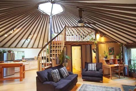 Elderwood Yurt—An Elven Retreat - Yurts for Rent in Courtenay, British Columbia, Canada - Airbnb Yurt Loft Ideas, Yurt Loft, Spiral Staircase Loft, Staircase Loft, Yurt Life, Yurt Interior, Yurt Home, Yurt Living, Loft Staircase