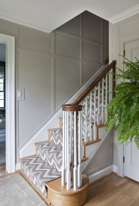 entrances/foyers - gray wall panels, gray paneling, gray wall paneling, ikat stair runner, yellow and gray stairs Paneling Design, Stair Paneling, Gray Stairs, Stair Wall, Staircase Remodel, Staircase Wall, Staircase Makeover, Wall Panel Design, Gray Wall