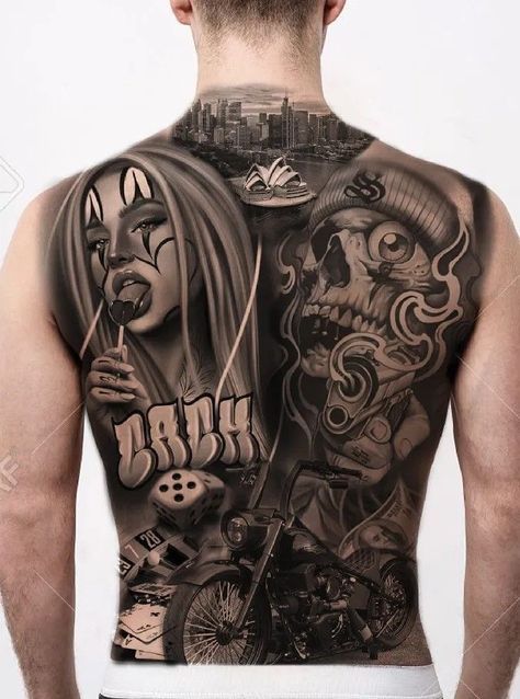 Chicano Back Tattoo, Fullback Tattoo, Payasa Tattoo, Back Of Leg Tattoos, Full Chest Tattoos, Rip Tattoo, Backpiece Tattoo, Gangsta Tattoos, Realistic Tattoo Sleeve