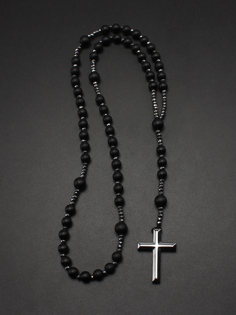 Black  Collar  Stone   Embellished   Women's Fashion Jewelry Rosary For Men, Long Necklaces, Neck Jewellery, Necklace For Men, Cross Charms, Men Necklace, Rosary, Long Necklace, Beaded Jewelry