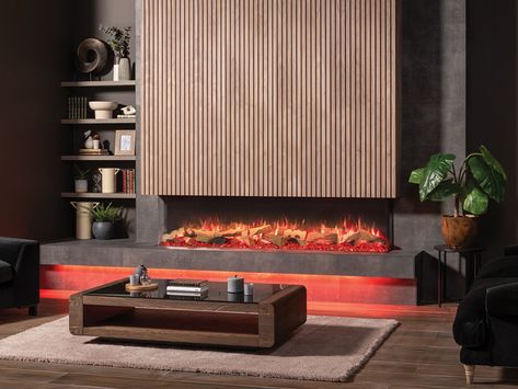 A 75" XL Premium Electric fireplace with advanced features that can be installed as a 1-sided linear, 2-sided corner, 3-sided bay Japandi Fireplace, Tv Entertainment Wall, Realistic Electric Fireplace, Electric Log Burner, Tv Unite, Electric Fireplace Ideas, Fireplace With Tv, Dream Fireplace, Fire Ideas