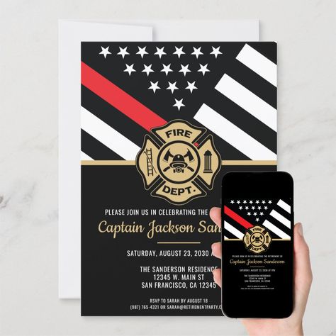 Fire Academy Graduation, Firefighter Graduation, Fire Academy, Red Line Flag, Firefighter Retirement, Fire Badge, Retirement Party Gifts, Retirement Party Invitations, Retirement Celebration